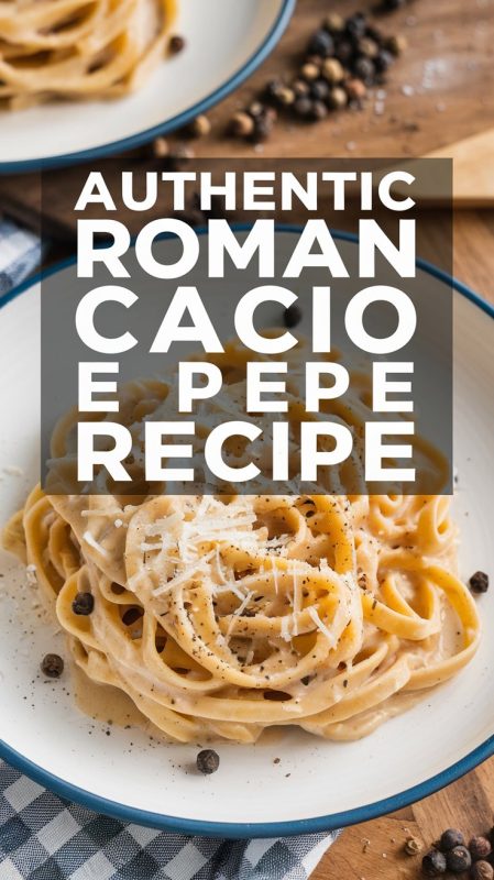 A photo of a plate of Authentic Roman Cacio E Pepe with a sprinkle of cheese on top. The pasta is covered in a white sauce with a few black peppercorns scattered on top. The pasta is served on a white plate, with a few fresh peppercorns on the side. The background is a wooden board. There is a large, bold, white text overlay in the middle that says "Authentic Roman Cacio E Pepe Recipe".