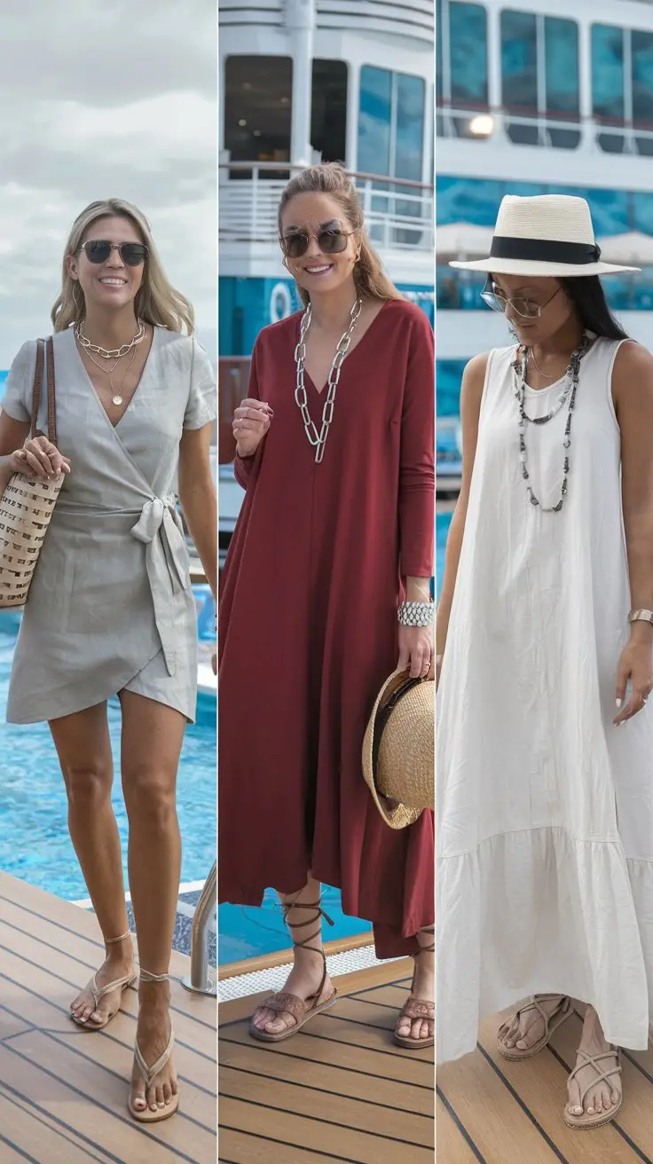 A photo of three women wearing different cruise outfits by the pool on a cruise ship. Look 1: A woman wearing a cotton linen blend knotted wrap mini dress, thong sandals, a layered necklace, and carrying a basket tote over her shoulder. Look 2: Another woman wearing a deep V-neck solid color mid-sleeve large swing split long dress, a long chain necklace in silver oval, chunky silver bracelets, lace up flat sandals, and a small hat. Look 3: A third woman wearing a white extra large hem cotton maxi dress sleeveless, sandals, and layered necklaces.