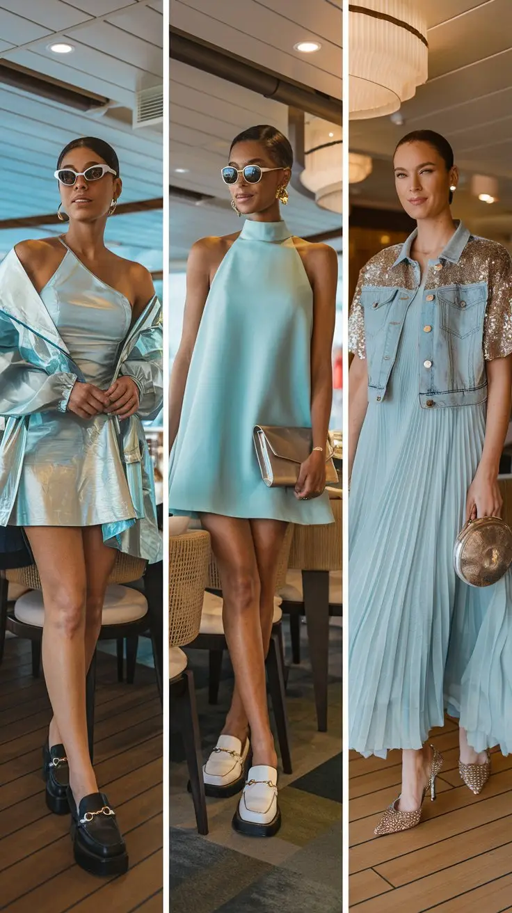 A photo of three different women each wearing one of these cruise outfits in the restaurant on a cruise ship. Look 1: A woman wearing an asymmetrical mini dress with metallic finishes, a lightweight technical jacket, platform loafers, and statement sunglasses. Look 2: A woman wearing a solid halter irregular short dress, a clutch, and platform loafers. Look 3: A woman wearing a bias-cut chiffon evening dress in ethereal aquatic blues, a sequined short denim jacket, and chic statement heels.