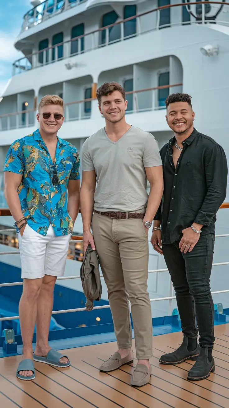 A photo of three young men of different sizes standing together on the deck of a cruise ship. The man on the left is wearing a vibrant blue printed short-sleeve shirt and white chino shorts. He also wears slide sandals, sunglasses, and a leather bracelet. The man in the middle is wearing a linen v-neck t-shirt and slim-fit khaki trousers. He also wears loafers, a woven belt, and a minimalist watch. The man on the right is wearing a black Cuban-collar shirt and dark-wash skinny jeans. He also wears Chelsea boots, a silver chain, and a black leather bracelet.