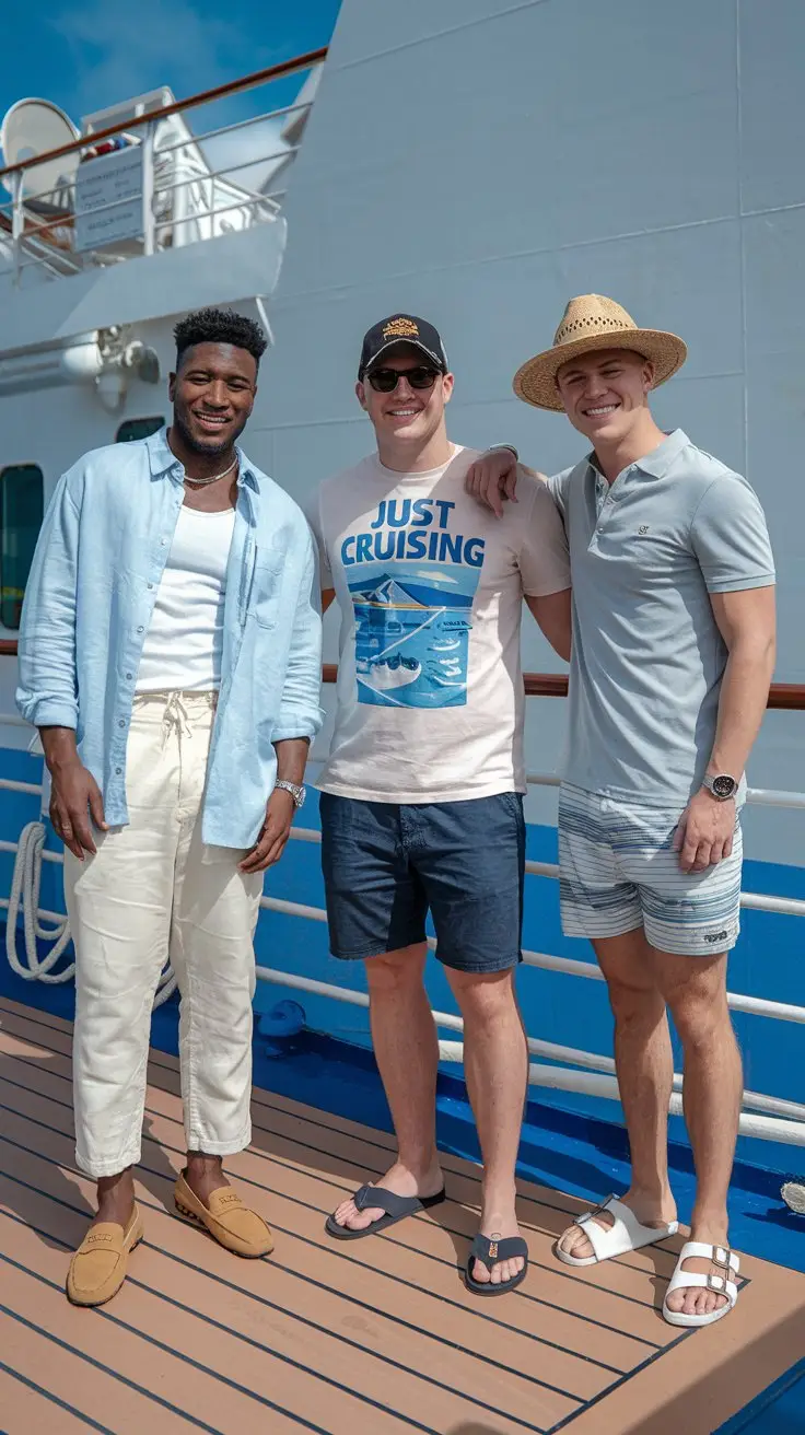 A photo of three young men with different body sizes standing on the deck of a cruise ship. The first man is a black man wearing an oversized light blue linen shirt, a white tank top, casual cream linen pants, and tan loafers. The second man is wearing a "Just Cruising" printed tee shirt, chino shorts, flip flops, sunglasses, and a baseball cap. The third man is wearing a light polo shirt, swim trunks, white Birkenstock sandals, and a straw hat.