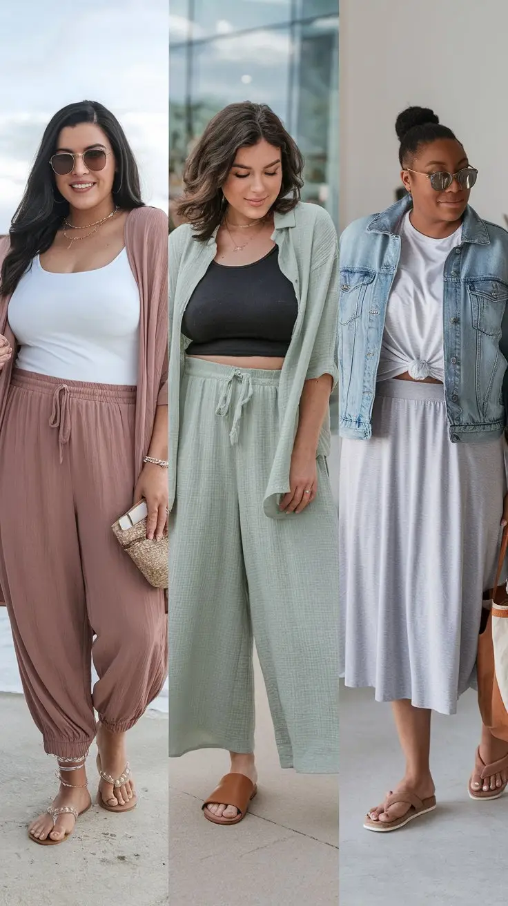 A photo of 3 different plus-sized women each wearing one of the cruise outfits described. The first woman is wearing a dusty rose lightweight jogger with a white tank top and a blush kimono overlay. The second woman is wearing cotton gauze wide-leg pants in seafoam green with a black crop tank and a matching button-up shirt worn open. The third woman is wearing a jersey knit midi skirt in heather gray with a tied-front tee and a denim jacket. The first woman is wearing slide sandals and delicate anklets. The second woman is wearing leather slides. The third woman is wearing cushioned flip-flops and a canvas tote.