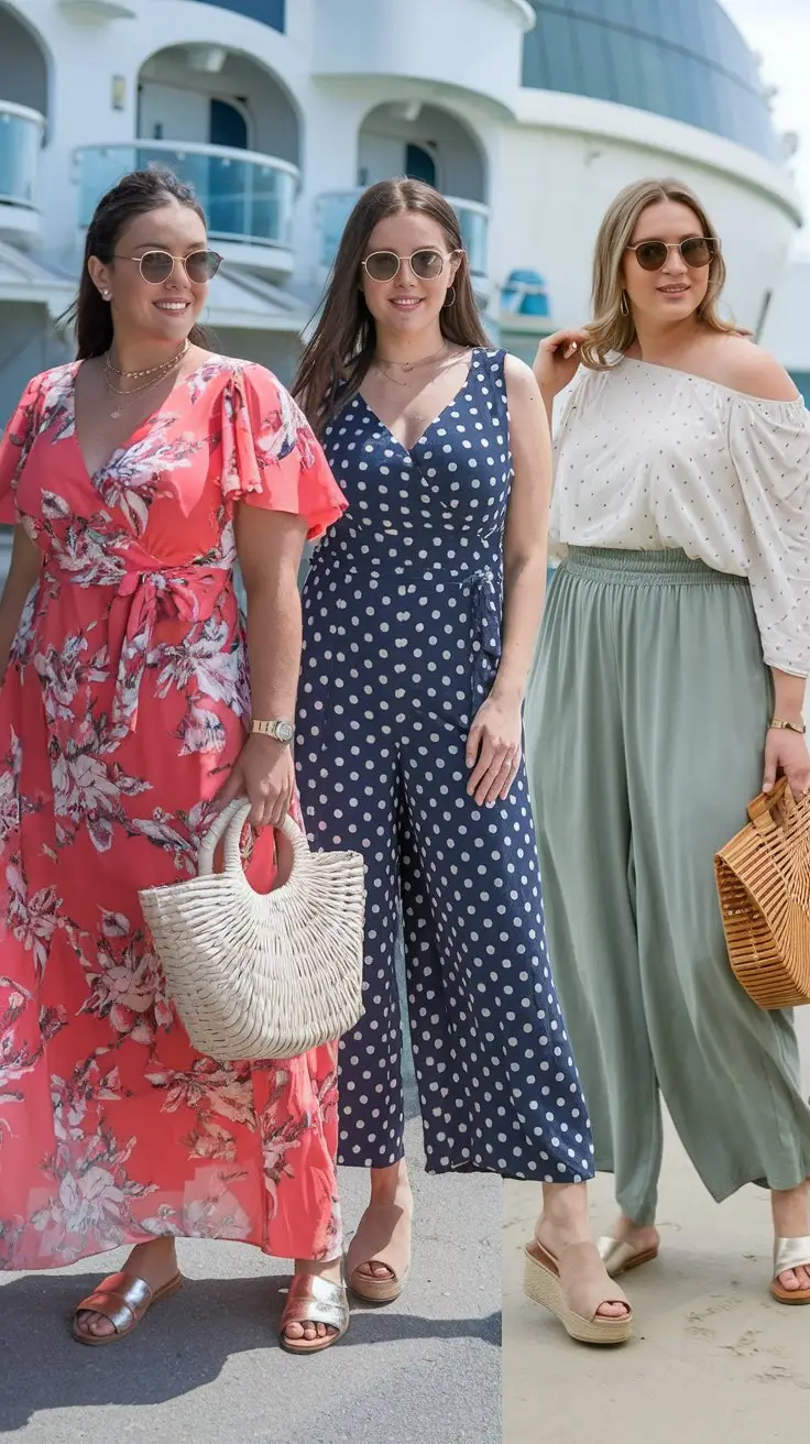 A photo of three plus-sized women wearing cruise outfits. The first woman is wearing a coral floral maxi dress with flutter sleeves, metallic sandals, and a white straw tote. She is accessorized with a delicate layered necklace and stud earrings. The second woman is wearing a wide-leg jumpsuit in navy with white polka dots, a wrap-style top, and a cropped length. She is styled with comfortable nude wedges and a structured handbag. The third woman is wearing high-waisted palazzo pants in a soft sage green, paired with a white off-shoulder blouse. She is complete with gold flat sandals and a woven beach bag.