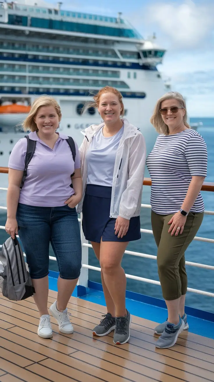 Three plus size women are standing on the deck of a cruise ship. The woman on the left is wearing stretch denim bermuda shorts, a lavender cotton polo shirt, and white canvas sneakers. She also has a lightweight backpack. The woman in the middle is wearing a pull-on skort in navy, a moisture-wicking white top, and a light windbreaker. She is wearing athletic walking sandals. The woman on the right is wearing stretchy capri pants in olive, a striped boat neck tee, and comfortable slip-on sneakers. The background contains the cruise ship and the ocean.