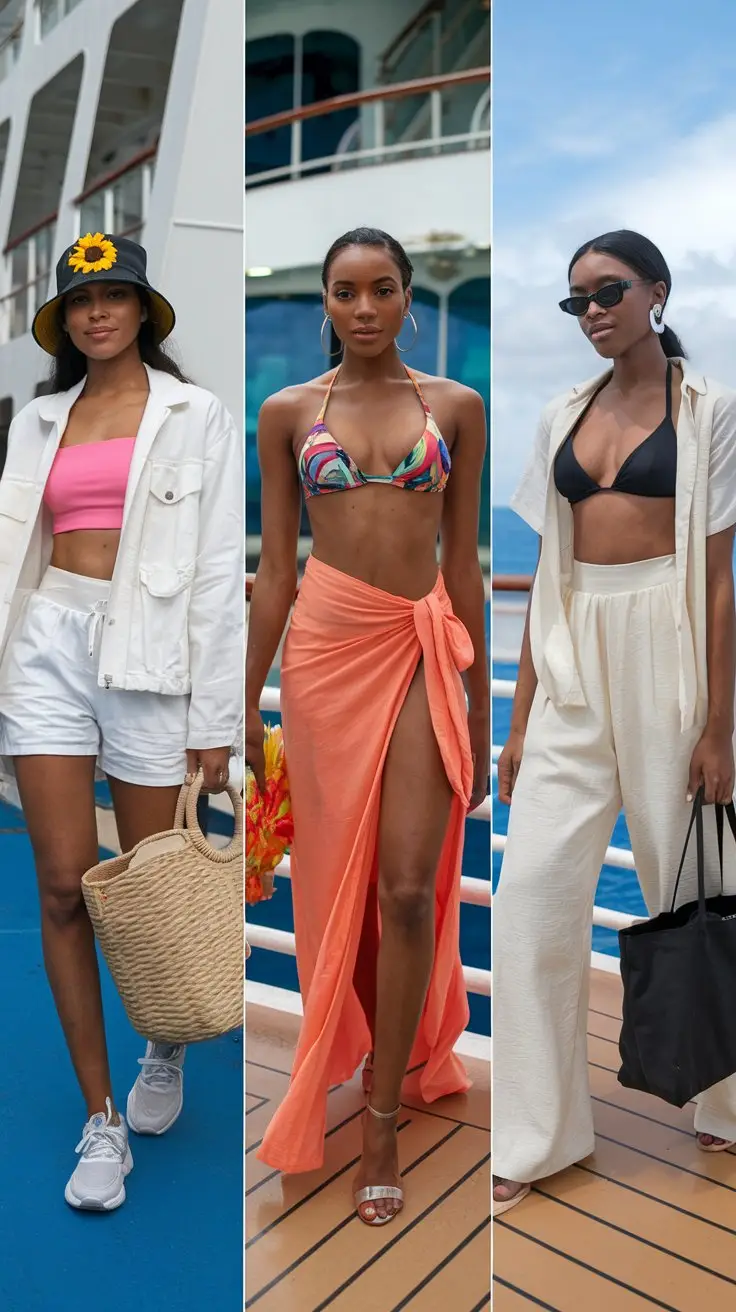 A photo of three different young Black women each wearing one of these cruise outfits on the deck of a cruise ship. The first woman is wearing a white outfit, including a white jacket and white shorts, paired with a pink crop top. She carries a large, round, beige woven bag and has a bucket hat with a sunflower on it. The second woman is wearing a vibrant orange wrap-around skirt paired with a colorful bikini top. She has large hoop earrings. The third woman is wearing a black bikini top paired with off-white wide-leg pants and a matching white short sleeve open shirt. She holds a black tote bag. The woman is also wearing big sunglasses and has her hair tied back.