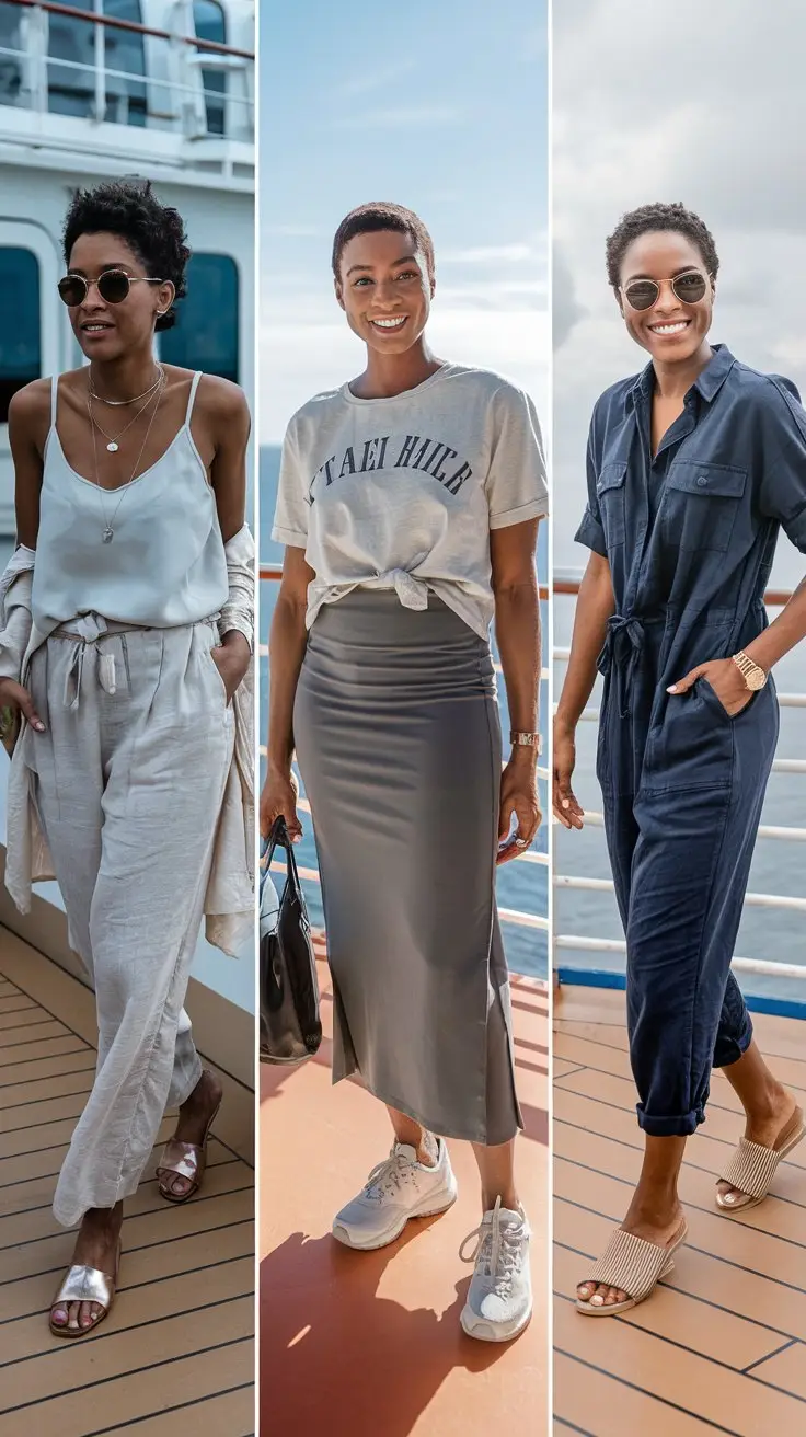 A photo of three different Black women each wearing one of these cruise outfits on the deck of a cruise ship. The first woman is wearing linen pants, a flowy tank, and a light cardigan with metallic flat sandals and a delicate necklace. The second woman is wearing a high-waist stretchy midi skirt with a tucked-in graphic tee, white sneakers, and a crossbody bag. The third woman is wearing a loose-fit cotton jumpsuit in navy with rolled-up sleeves, comfy slides, and a statement watch.