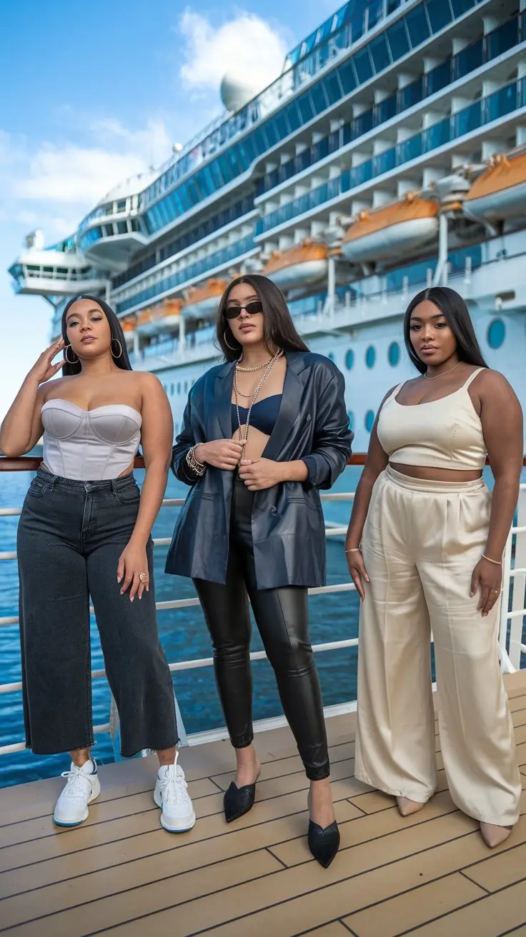 A photo of three different sized young plus size Black women each wearing one of these cruise outfits on the deck of a cruise ship. The first woman is wearing high-waisted dark wash cutoff jeans with a silk corset top, gold hoops, and white sneakers. The second woman is wearing faux leather leggings with an oversized blazer and bralette, stack necklaces, and pointed mules. The third woman is wearing palazzo pants in cream silk, a fitted crop, and minimal jewelry.