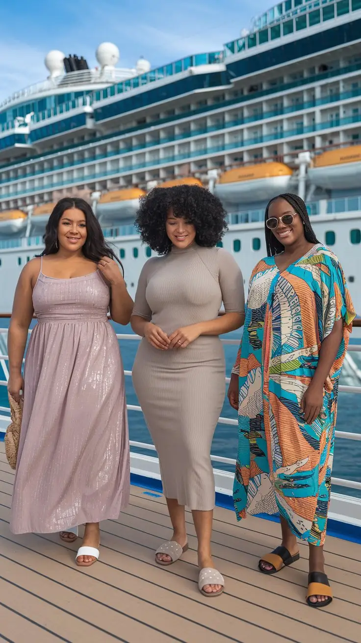 A photo of three different sized young plus size Black women each wearing one of these cruise outfits on the deck of a cruise ship. The outfits are: 1. a flowing maxi dress with empire waist details and subtle shimmer, 2. a fitted knit dress that celebrates curves, paired with comfortable designer slides, 3. a colorful caftan dress with gold accents and supportive sandals.