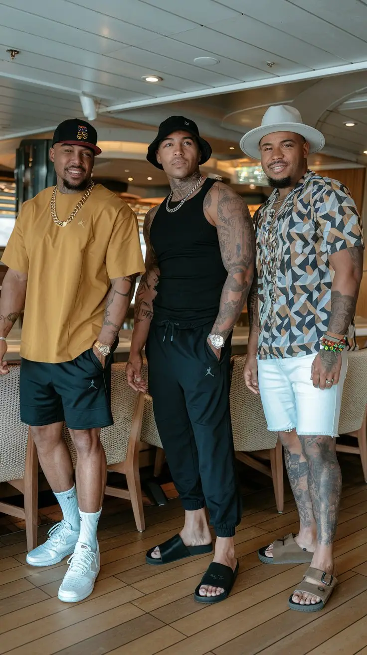 A photo of three black men with different body types wearing cruise outfits in the restaurant of a cruise ship. The first man is wearing a bold and bright outfit with a mustard yellow t-shirt, black shorts, white sneakers, a gold chain necklace, and a snapback cap. The second man is wearing a monochrome magic outfit with a black tank top, black jogger pants, black slides, a silver watch, and a black bucket hat. The third man is wearing a pattern play outfit with a geometric print short-sleeve shirt, white shorts, brown sandals, beaded bracelets, and a fedora hat.