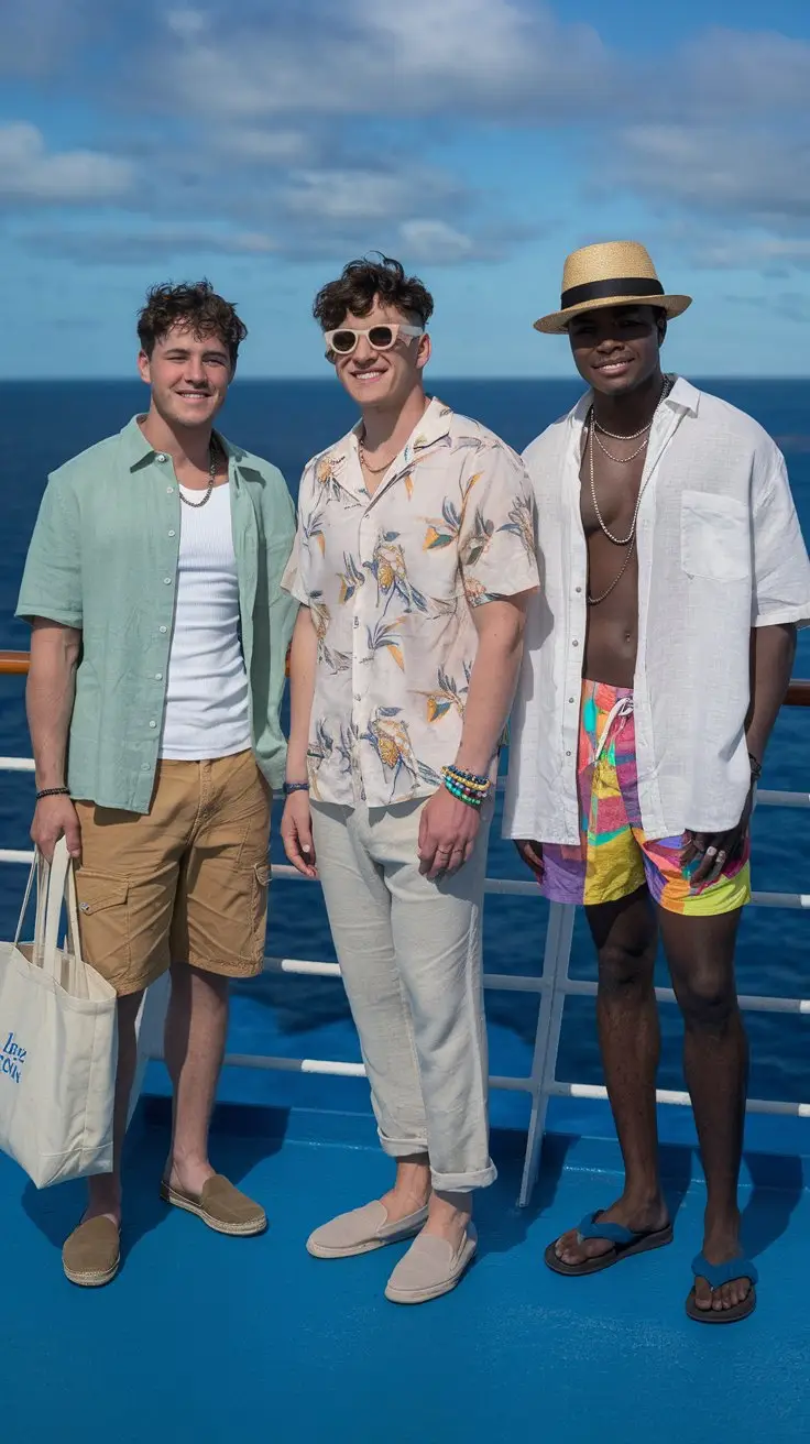 A photo of three different sized young men standing together on the deck of a cruise ship. The first man is wearing a sage green linen shirt, a white tank top, tan cargo shorts, espadrilles, and a canvas tote bag. The second man is wearing a floral short-sleeve button-up shirt, beige linen pants, slip-on loafers, beaded bracelets, and retro sunglasses. The third man is wearing bright swim trunks, a white oversized button-down shirt (worn open), flip-flops, a straw fedora, and layered necklaces. The background reveals the vast ocean and the cruise ship's railings.