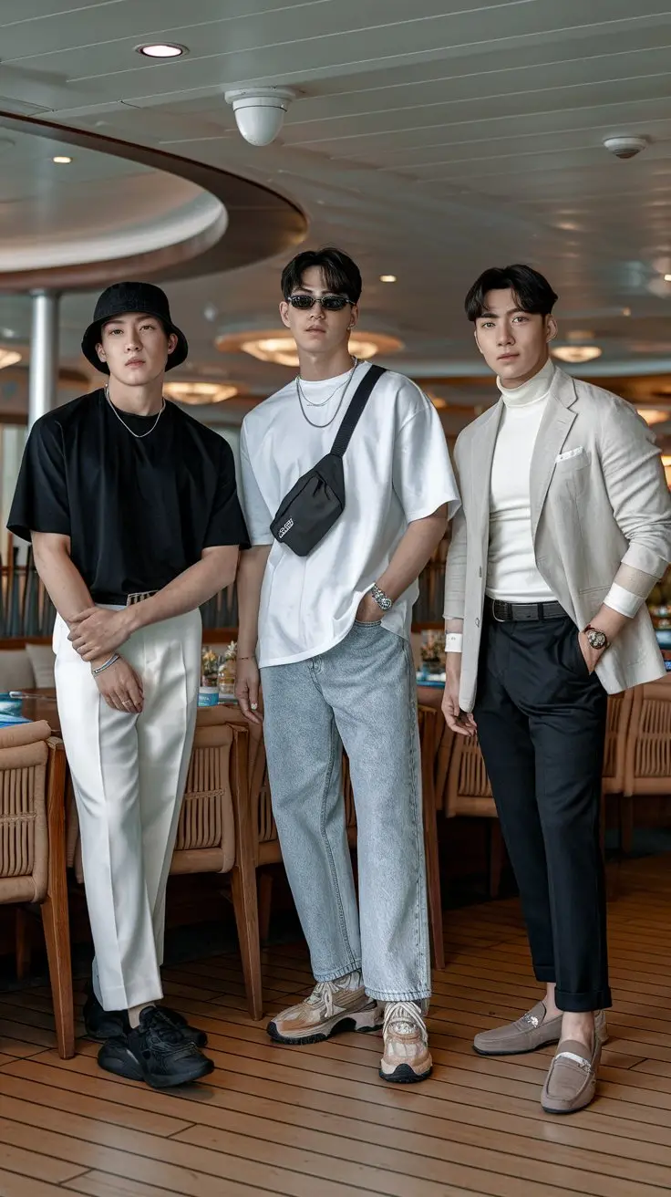 A photo of three different sized young Korean men standing together in the restaurant of a cruise ship. Each man is wearing one of the three cruise outfits. Look 1 is wearing a minimalist monochrome outfit of a black oversized tee, slim-fit white trousers, black sneakers, and a black bucket hat. Look 2 is dressed in a casual street style outfit with a boxy white t-shirt, loose denim jeans, chunky sneakers, a crossbody bag, and sunglasses. Look 3 is wearing a smart casual Korean look with a beige linen blazer, a white turtleneck, black dress pants, loafers, and a leather strap watch.