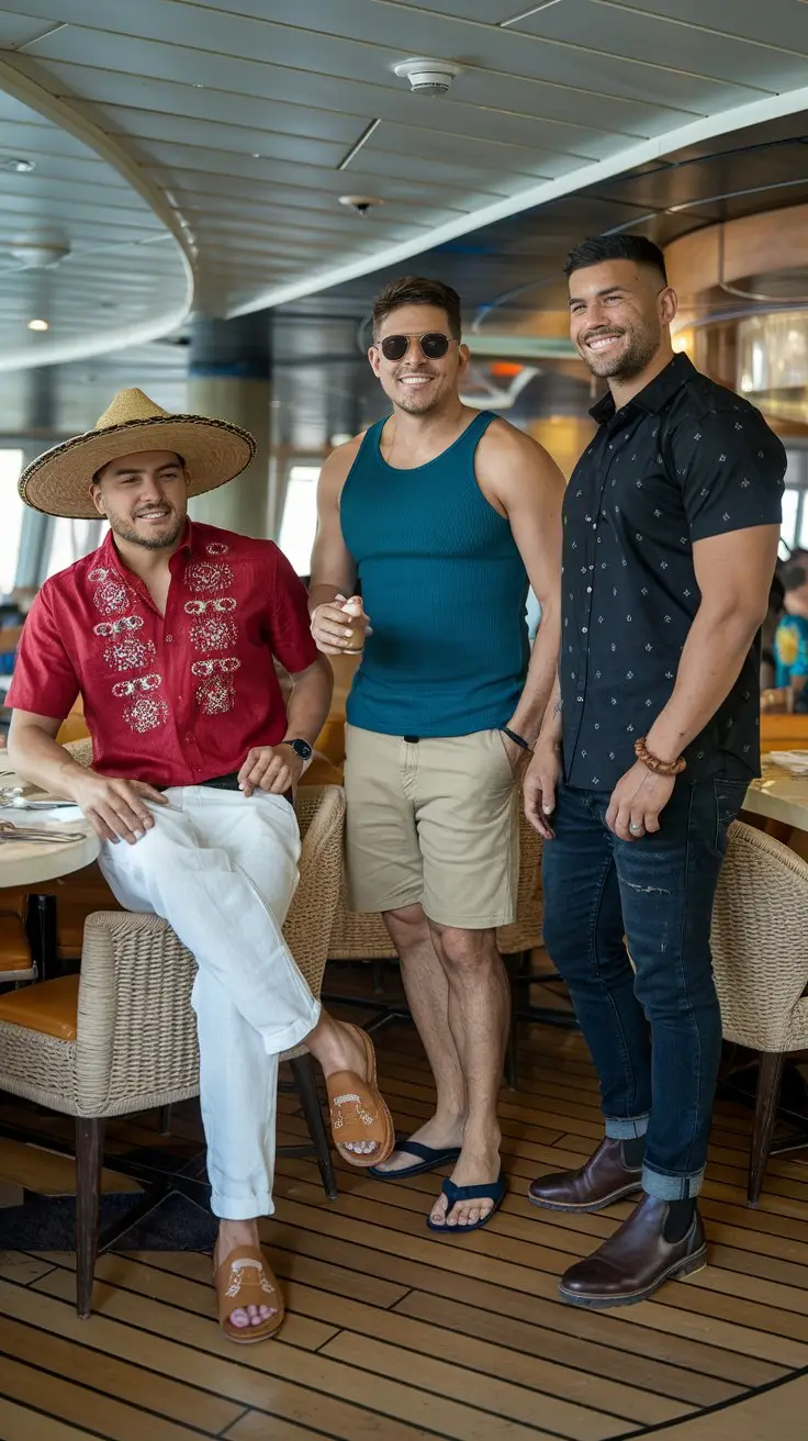 A photo of three Mexican men of different sizes wearing cruise outfits in the restaurant of a cruise ship. The first man is wearing a red embroidered guayabera shirt, white linen pants, huarache sandals, a straw hat, and a leather belt. The second man is wearing a teal tank top, khaki shorts, flip-flops, sunglasses, and a woven bracelet. The third man is wearing a black short-sleeve button-down with subtle patterns, dark denim jeans, Chelsea boots, and a leather wristband. The first man is sitting at a table.