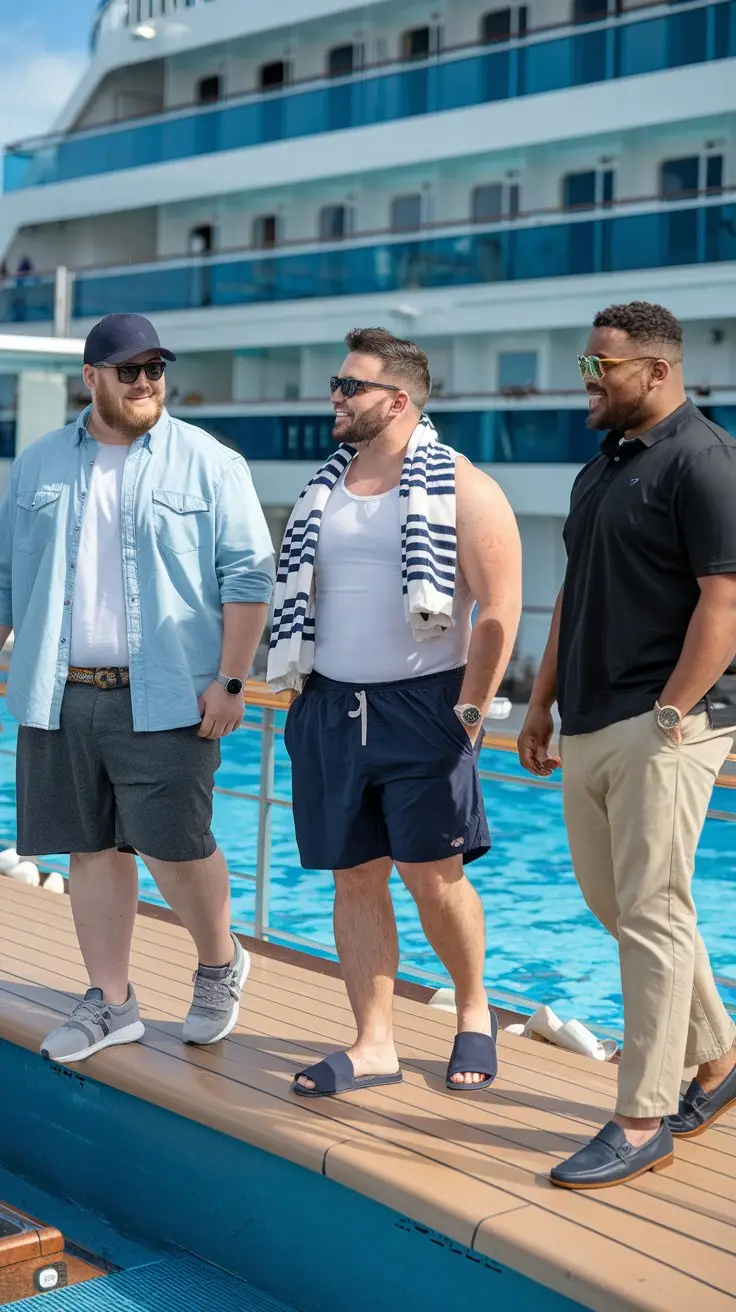 A photo of three plus-sized men wearing different cruise outfits by the pool on a cruise ship. The first man is wearing a light blue chambray shirt, dark grey shorts, comfortable sneakers, an adjustable belt, and a baseball cap. The second man is wearing navy swim trunks, a white tank top, slide sandals, sunglasses, and a beach towel. The third man is wearing a black polo shirt, beige chinos, loafers, and a leather watch.