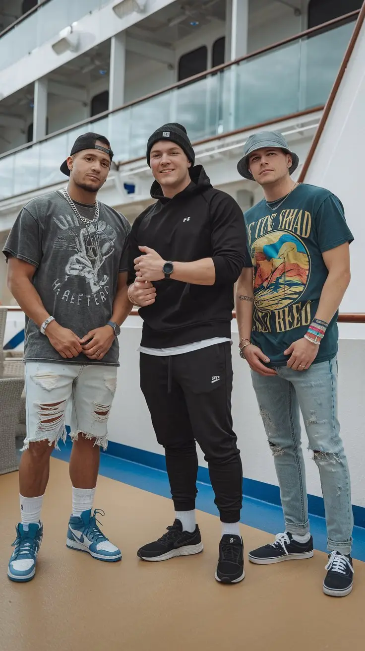 A photo of three young men of different sizes standing together on the deck of a cruise ship. The first man is wearing a graphic t-shirt, distressed denim shorts, high-top sneakers, a snapback hat, and a chain necklace. The second man is wearing a black hoodie, jogger pants, running shoes, a beanie, and a sports watch. The third man is wearing a vintage band tee, slim-fit jeans, skate shoes, a bucket hat, and wristbands. The background is the cruise ship's deck.