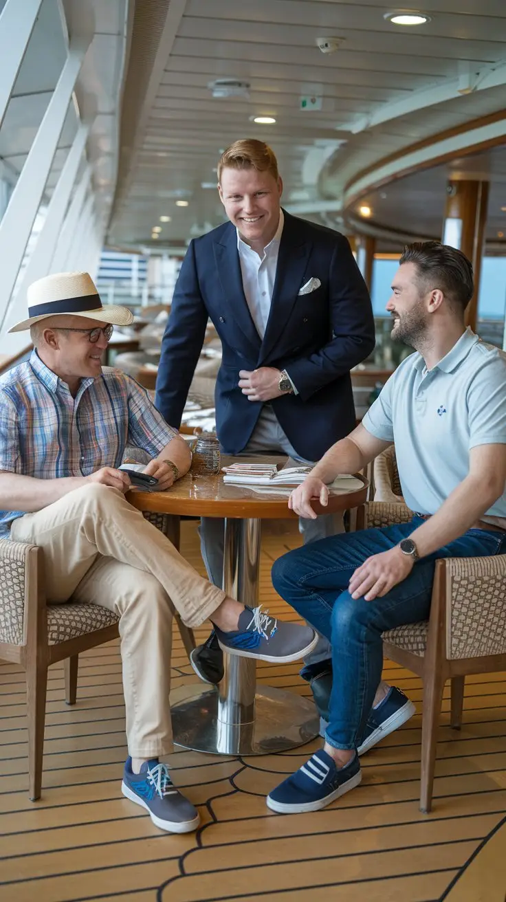 A photo of three men of different sizes wearing cruise outfits on a cruise ship. The first man is wearing a classic traveler outfit with a plaid button-down shirt, khaki pants, comfortable sneakers, a sun hat, and reading glasses. The second man is wearing an evening elegance outfit with a navy blazer, a white dress shirt, grey trousers, Oxford shoes, and a pocket square. The third man is wearing a casual comfort outfit with a polo shirt, jeans, slip-on shoes, a belt, and a wristwatch. They are all seated at a restaurant table.