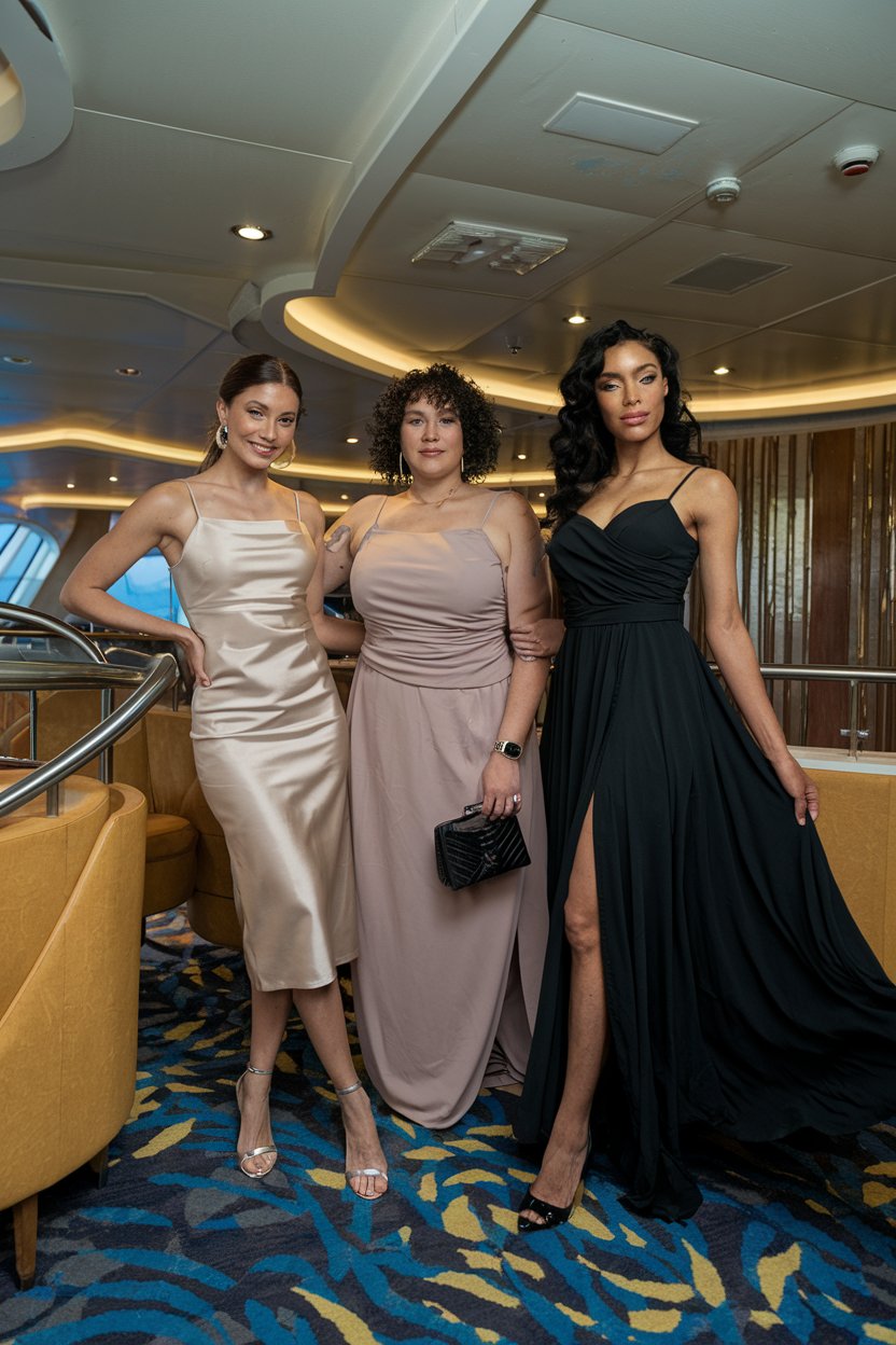 A photo of three ladies in formal cruise outfits. The first lady is wearing a knee-length, figure-hugging silky strap cocktail dress. The second lady is large and is wearing an elegant dress. The third lady is black and is wearing an elegant black flowing cocktail dress. They are standing in the lounge on a cruise ship.