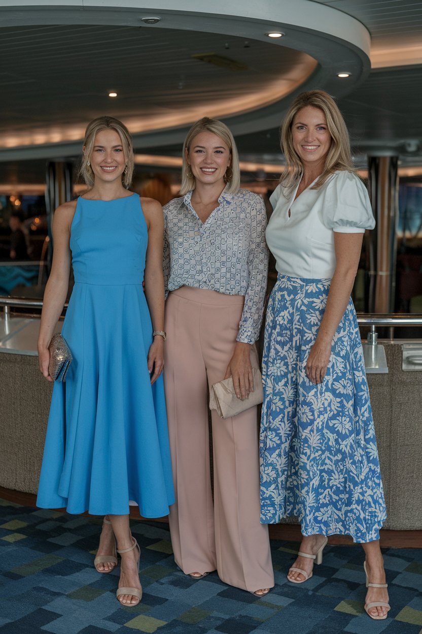 A photo of three women in casual night cruise outfits. The first woman is wearing a simple cocktail dress. The second woman is wearing nice pants. The third woman is wearing a skirt. They are standing in the lounge.