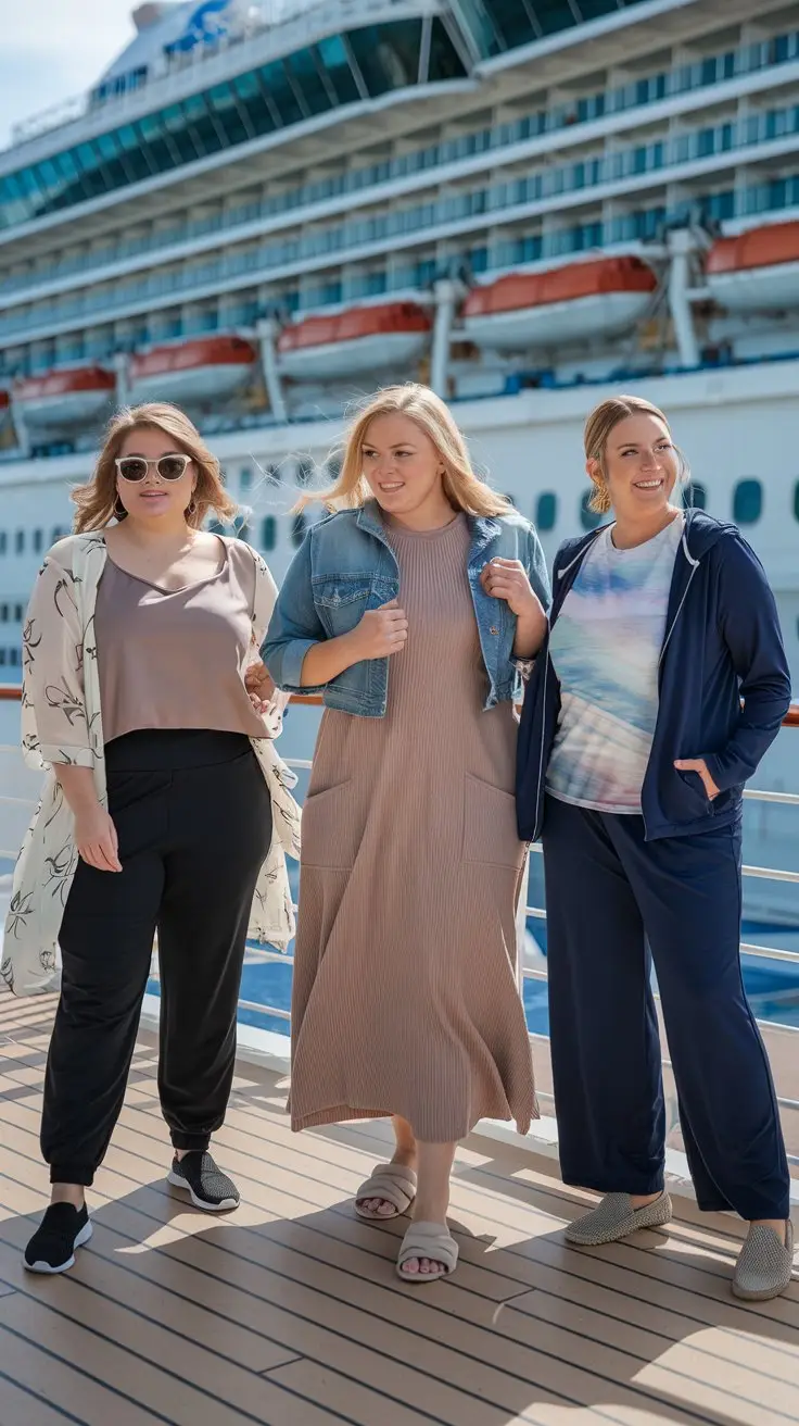 A photo of three plus-size women wearing different cruise outfits on the deck of a cruise ship. The first woman is wearing stretchy pull-on pants in black with a long tunic top and a lightweight cardigan. She is also wearing slip-on sneakers. The second woman is wearing a knit maxi dress with pockets and a denim jacket. She is also wearing comfortable walking sandals. The third woman is wearing wide-leg travel pants in navy with a soft t-shirt and a zip-up hoodie. She is also wearing supportive loafers.