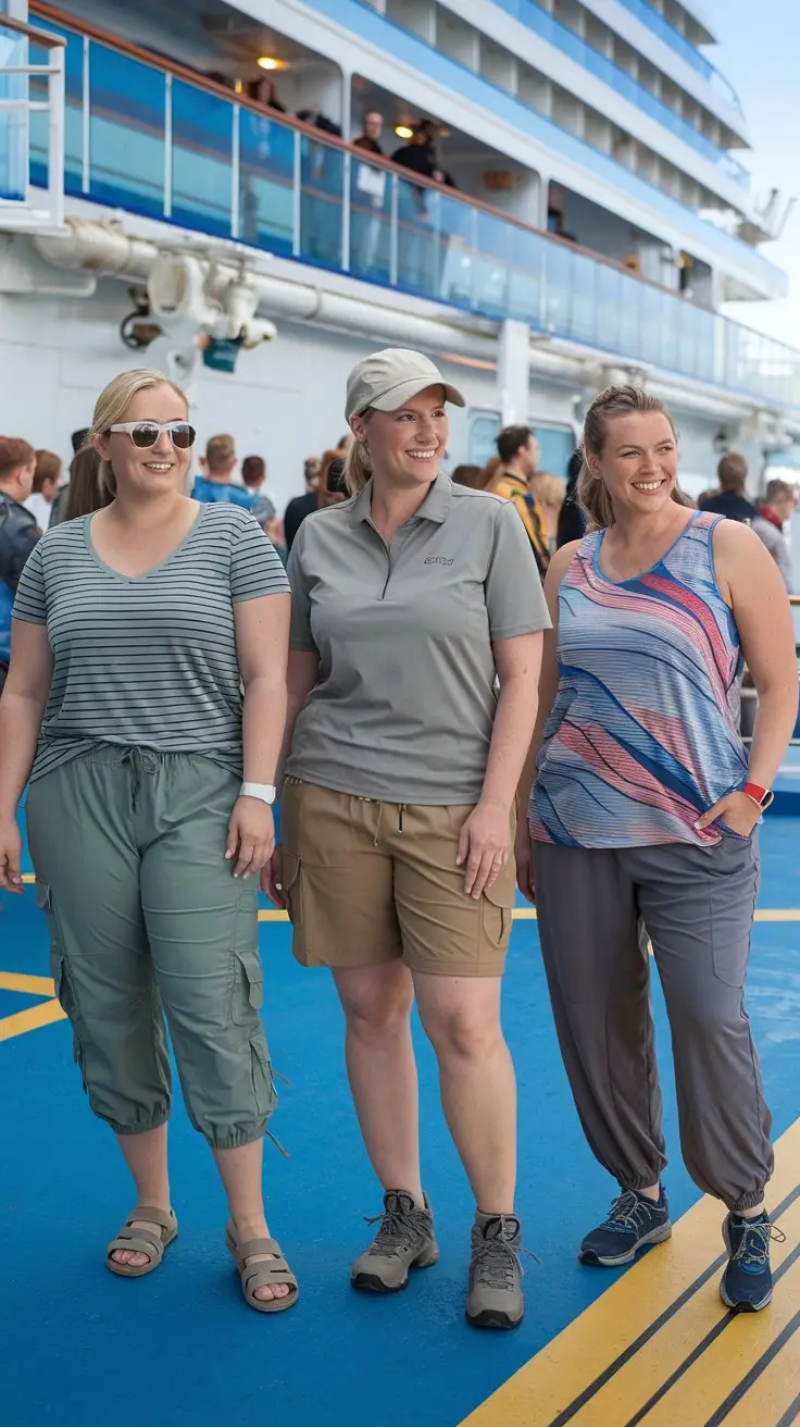 A photo of three plus-size women wearing different cruise outfits on the deck of a cruise ship. The first woman is wearing cargo capris in sage green with multiple pockets, a striped V-neck tee, and supportive walking sandals. The second woman is wearing pull-on utility shorts in tan with a cool moisture-wicking polo and lightweight hiking shoes. The third woman is wearing convertible pants in gray with a colorful tank top and athletic sandals. The background contains a crowd of people and the ship's railings.