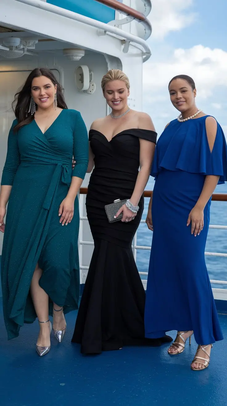 A photo of three plus-size women wearing cruise outfits on the deck of a cruise ship. The first woman is wearing a floor-length emerald green wrap dress with subtle shimmer, featuring three-quarter sleeves and a ruched waistline. She is wearing silver heels and crystal drop earrings. The second woman is wearing a black off-shoulder mermaid gown with a sweetheart neckline and stretch fabric. She is wearing a rhinestone clutch and a statement bracelet. The third woman is wearing a royal blue A-line evening dress with cape sleeves and an empire waist. She is wearing gold strappy sandals and a pearl necklace. The background contains the cruise ship's railing and the ocean.