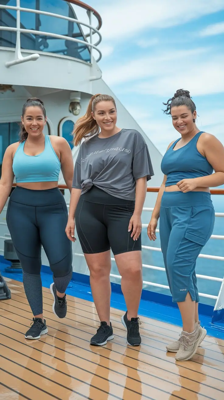 A photo of three plus-size women wearing different workout outfits on the deck of a cruise ship. The first woman is wearing high-waisted compression leggings, a racerback tank top, and cross-trainers. The second woman is wearing bike shorts with a tummy control panel, a loose-fitting moisture-wicking tee, and supportive athletic shoes. The third woman is wearing capri workout pants with side pockets, a built-in sports bra tank top, and cushioned running shoes. All three women have their hair tied up and are smiling. The background is the cruise ship deck with a railing and a view of the ocean.