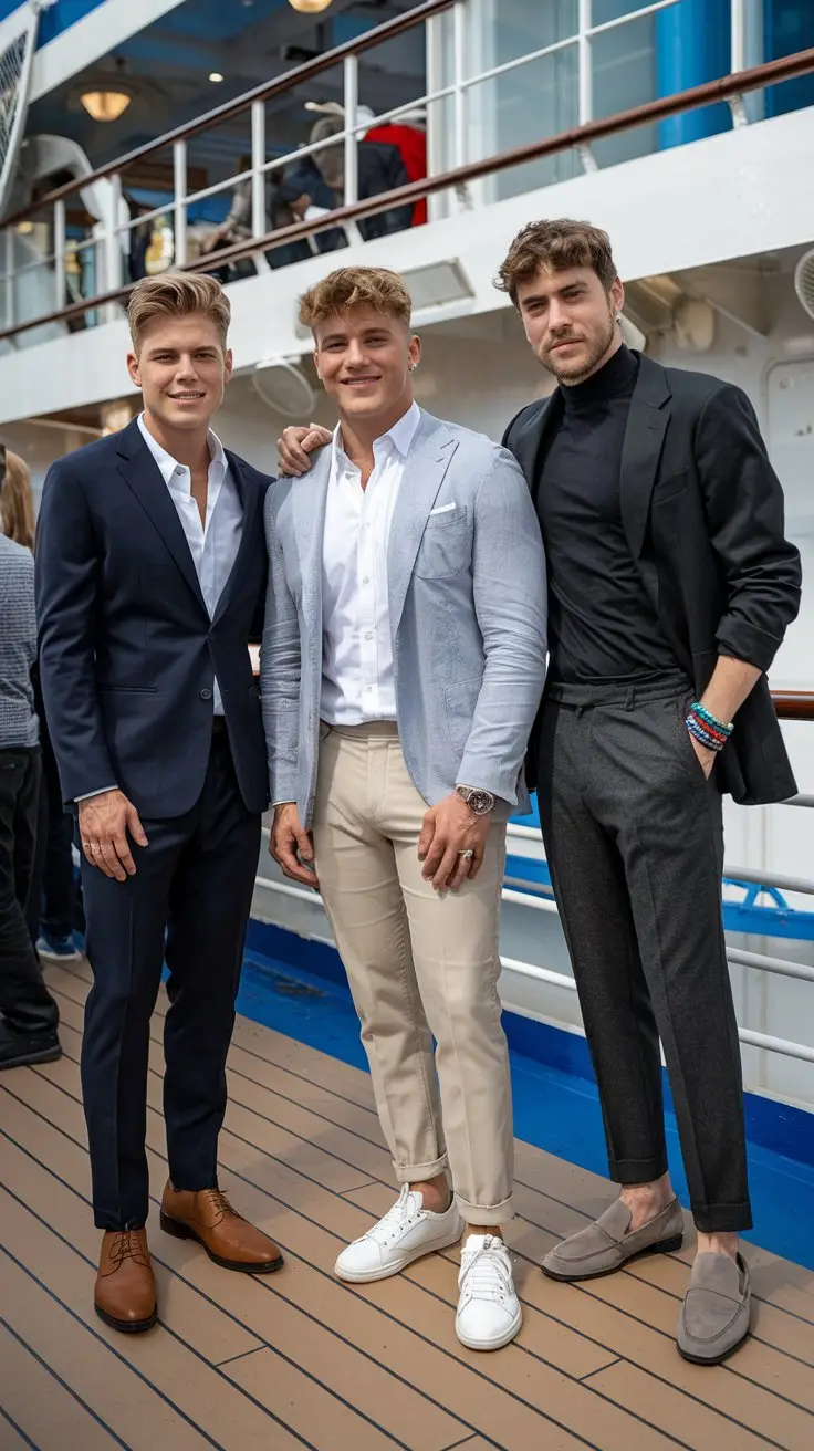 A photo of three young men with different body types standing together on the deck of a cruise ship. The first man is wearing a slim-fit navy suit with a white shirt and brown dress shoes. The second man is wearing a light grey blazer with a white dress shirt, beige dress pants, and white sneakers. The third man is wearing a black turtleneck, charcoal grey trousers, suede loafers, and a bracelet stack. The background contains the cruise ship's railing and other passengers.