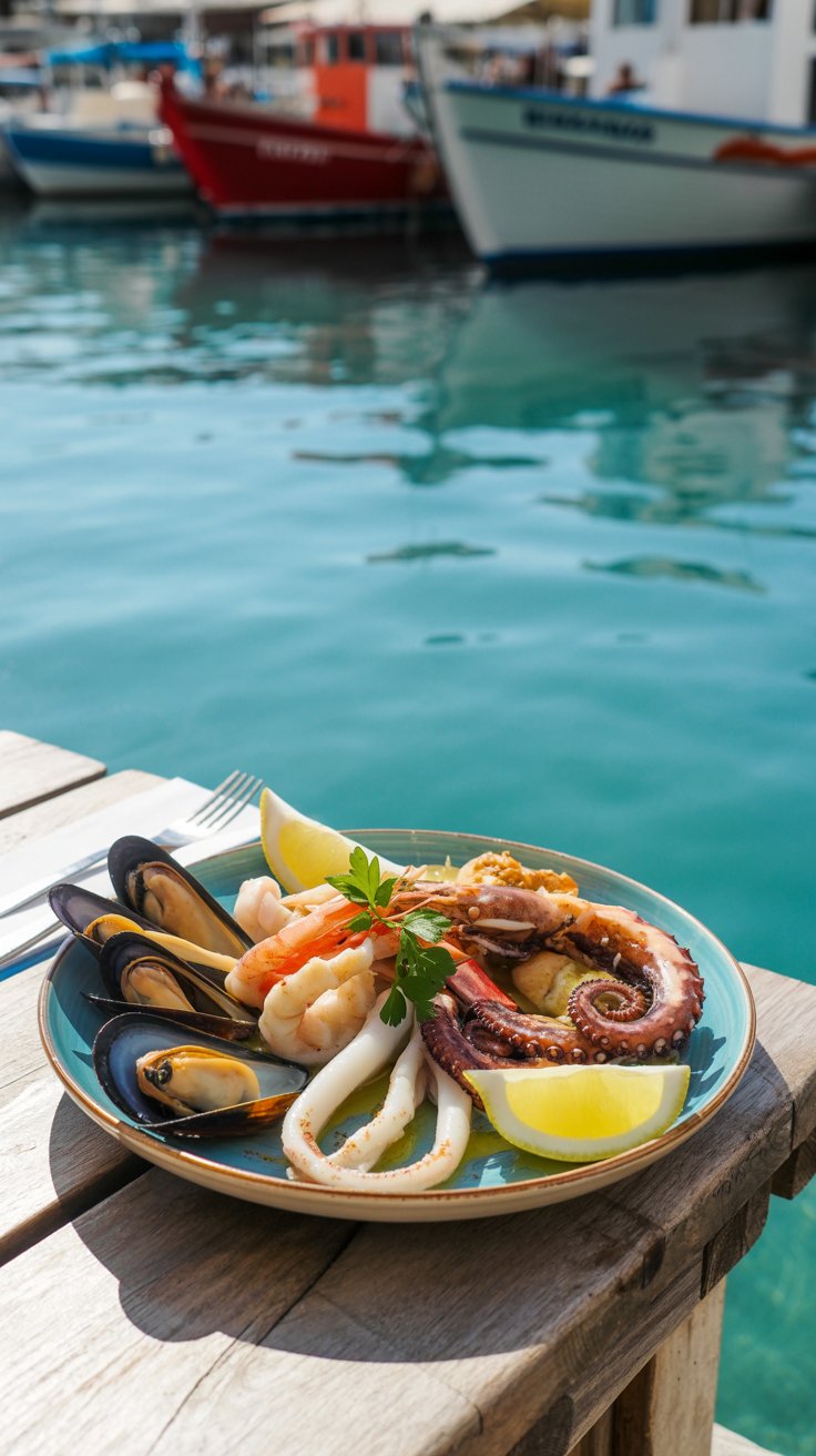 A photograph of a beautifully presented seafood dinner plate on a rustic wooden table at a Kefalonia harbour-front taverna. The plate showcases grilled octopus, fresh prawns, mussels, and calamari drizzled with olive oil and lemon wedges, garnished with fresh parsley. Behind the table, the turquoise waters of the harbour shimmer under the bright sunshine, with colorful fishing boats gently bobbing in the distance. Soft sunlight casts a warm glow on the scene, highlighting the textures of the food and the charming atmosphere of the taverna.
