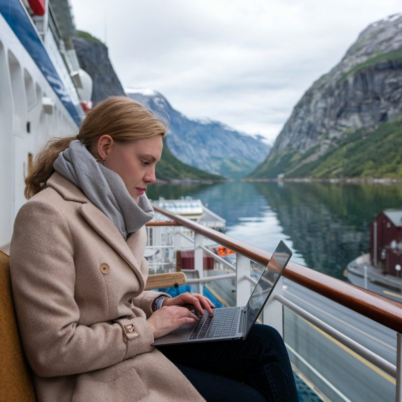 Lady on her laptop on a cruise ship in the Norwegian Fjords