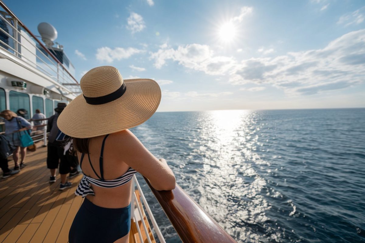 A photo of a lady in swimwear wearing a big sun hat, standing on the deck of a cruise ship and looking out to the sea. The sunny day is bright, with a clear sky and the sun reflecting off the water.