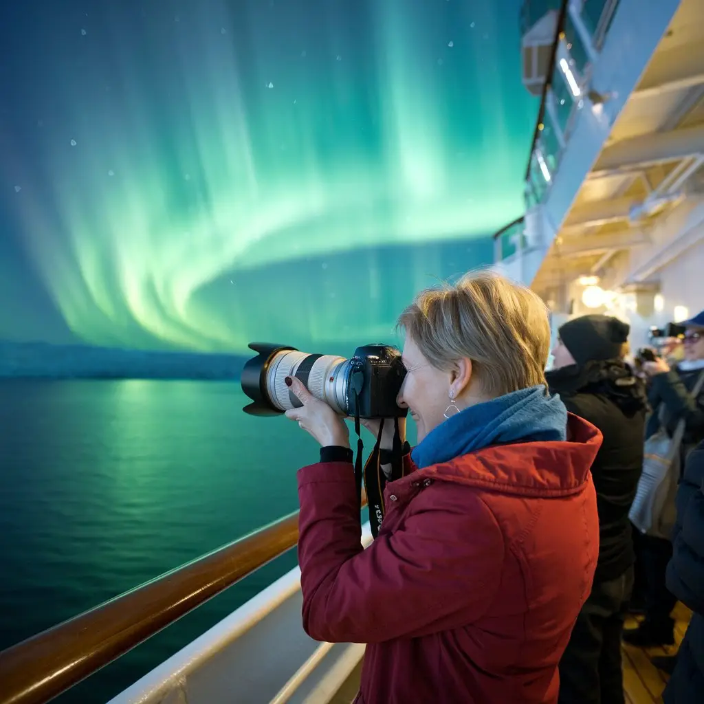 Lady taking a photo of the Northern Lights from a Hurtigruten Cruise Ship