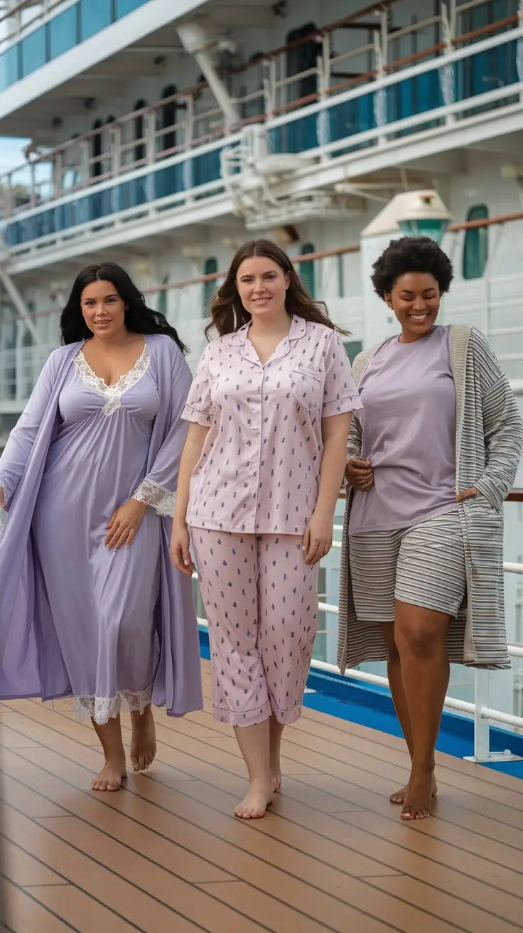 A photo of three plus-size women wearing different cruise outfits on the deck of a cruise ship. The first woman is wearing a soft modal nightgown in lavender with lace trim and a matching lightweight robe. The second woman is wearing a cotton pajama set featuring capri pants and a button-up short sleeve top in a fun print. The third woman is wearing sleep shorts in stretchy jersey with an oversized t-shirt and a cozy zip-up robe. The background reveals the cruise ship's deck and railing.