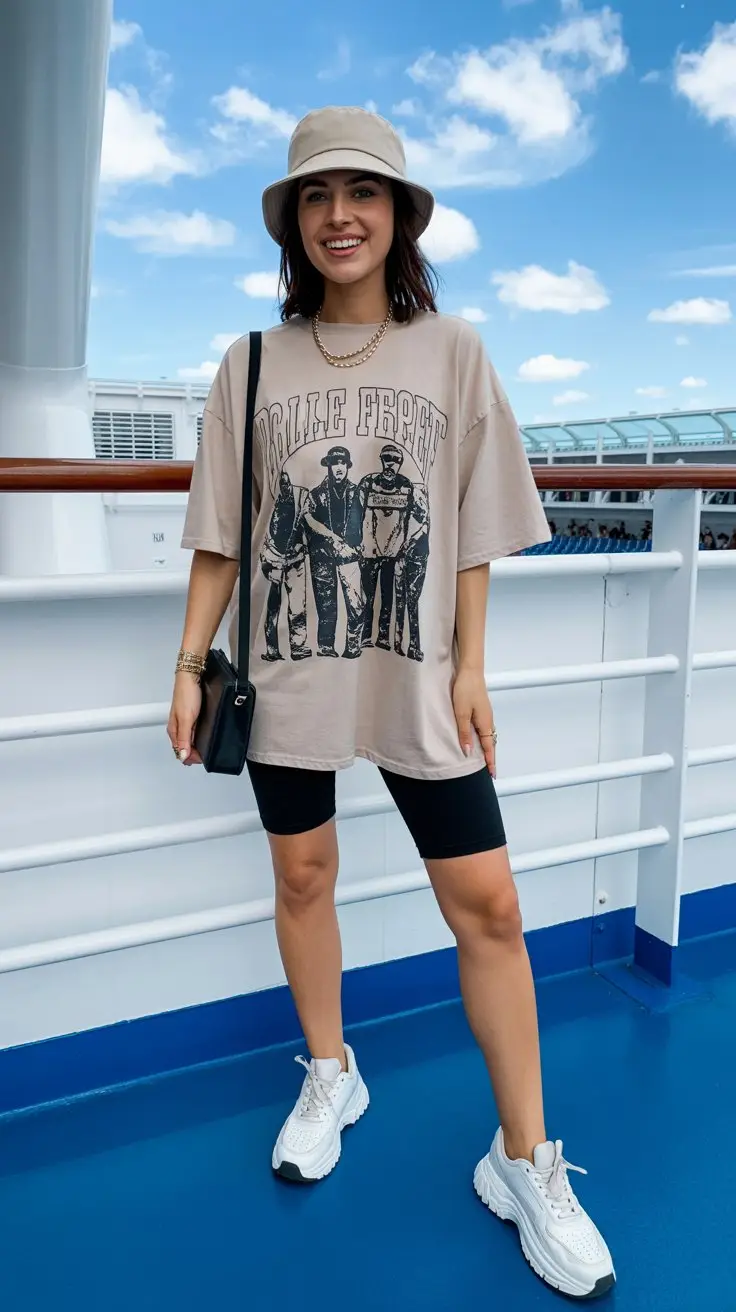 oversized graphic band tee tucked into high-waisted biker shorts. Chunky white sneakers give you that street style edge while a neutral bucket hat keeps you looking fresh. Layer gold chains and add a mini crossbody bag for that hands-free lifestyle.. On a cruise ship. bright sunny day. happy casual lady.