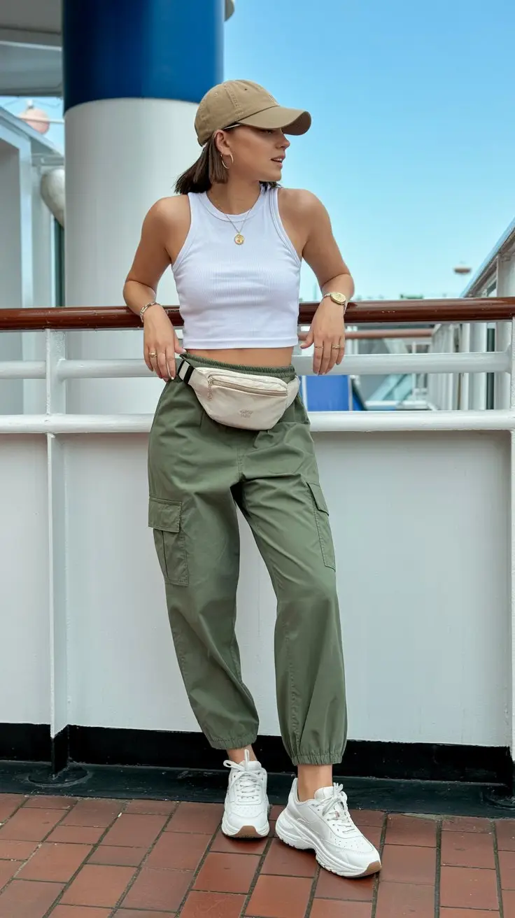 white ribbed tank tucked into olive green cargo pants. Your white chunky sneakers are comfy for walking cobblestone streets. A tan baseball cap keeps you cool while a belt bag holds your essentials hands-free. Finish with simple gold rings. On a cruise ship. Bright sunny day.