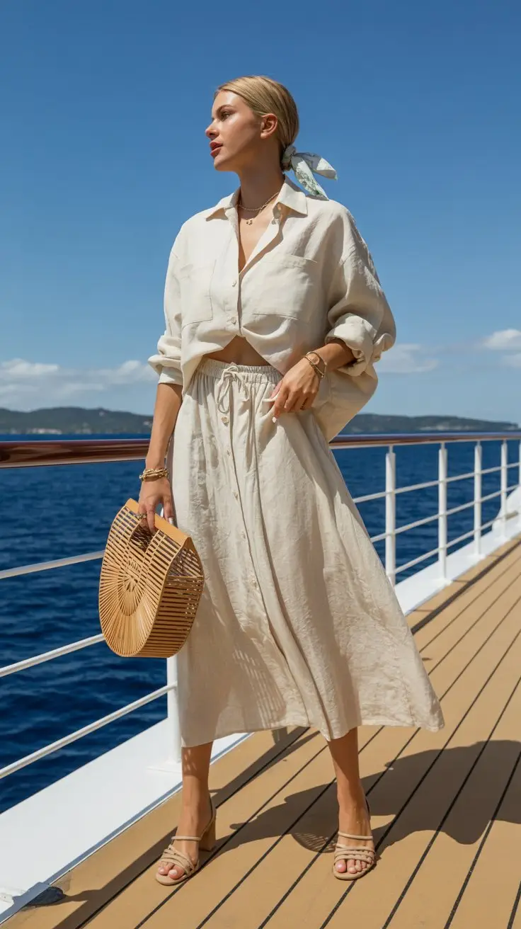 Channeling Sofia Richie energy in a cream oversized linen button-up over a matching linen midi skirt. Nude strappy sandals elongate your legs while a structured straw bag adds sophistication. Minimal gold jewelry and a silk scarf tied in your hair complete the vibe. On a cruise ship. Bright sunny day.