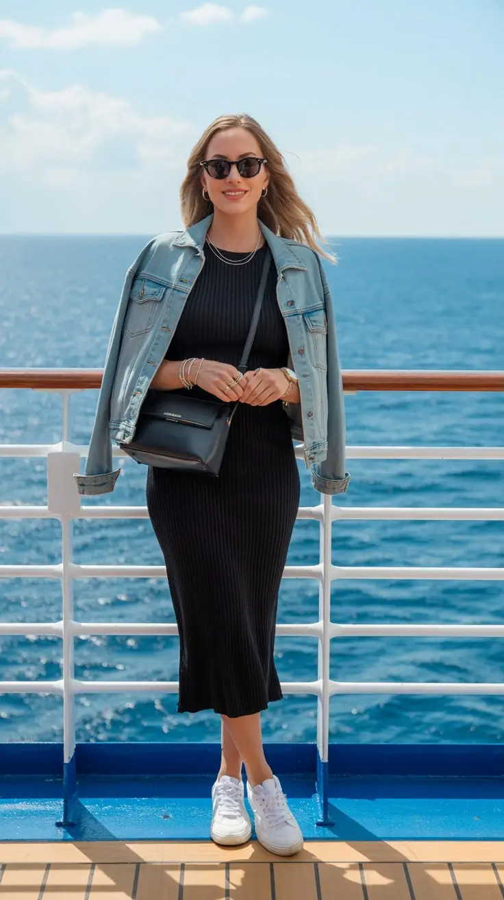 A photograph of a stylish woman with sun-kissed skin standing on the deck of a luxurious cruise ship. She wears a black ribbed midi dress layered with a light denim jacket casually draped over her shoulders, paired with clean white sneakers and a sleek black leather mini bag slung across her body. Simple silver jewelry adorns her wrists and neck, while black sunglasses shield her eyes as she smiles confidently towards the camera. The background showcases the vast, sparkling blue ocean under a bright sunny sky, creating a vibrant and carefree atmosphere.