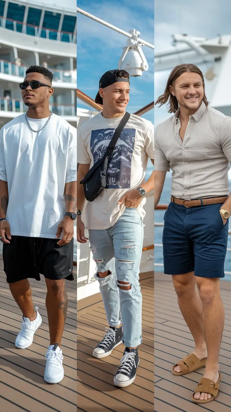 A photo of three young men of different sizes, each wearing one of the three cruise outfits. Look 1: A man with short hair is wearing a white oversized t-shirt, black drawstring shorts, white sneakers, black sunglasses, and a simple chain necklace. Look 2: A man with medium-length hair is wearing a graphic tee, light-wash ripped jeans, high-top Converse, a snapback hat, and a black crossbody bag. Look 3: A man with long hair is wearing a fitted beige linen button-down, navy tailored shorts, brown leather sandals, a gold watch, and a woven belt. The setting is the deck of a cruise ship.