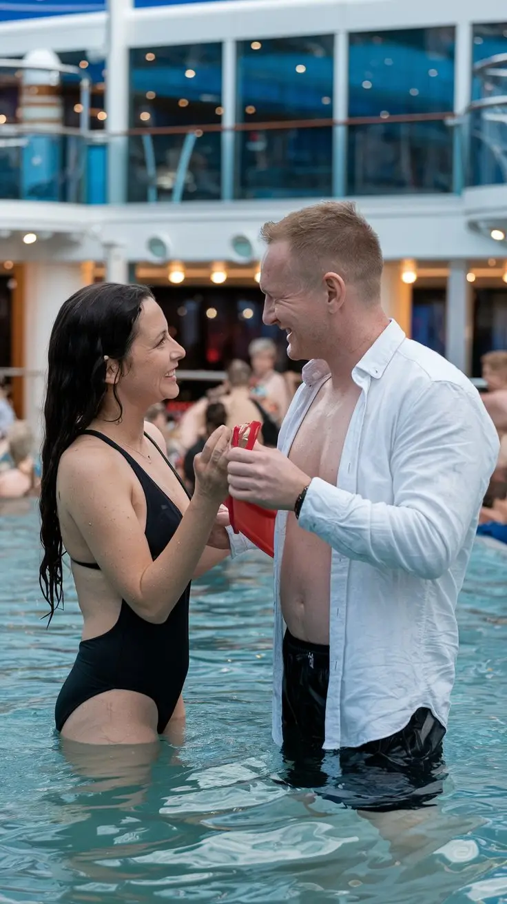 Mid aged lady and man dressed in swimwear in the swimming pool on a cruise ship. Sunny Day at Corfu Cruise Ship Port