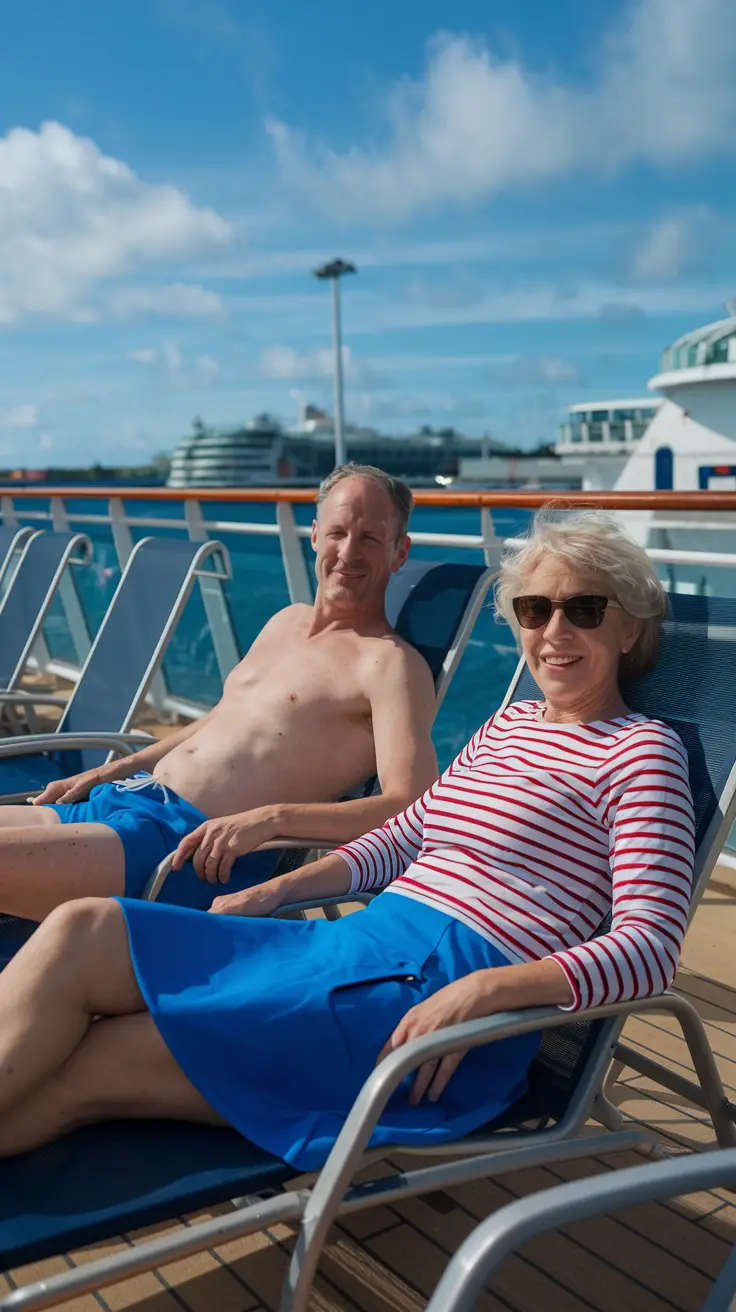 Mid aged lady and man on lounge chairs dressed in swimwear on a cruise ship. Sunny Day at Kavala Cruise Ship Port