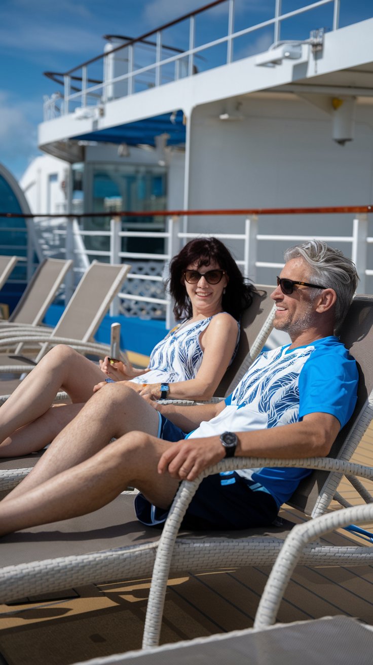 Mid aged lady and man on lounge chairs dressed in swimwear on a cruise ship. Sunny Day at Zakynthos Cruise Ship Port