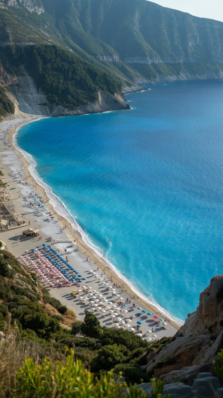 A photograph capturing the breathtaking view of Myrtos Beach in Greece from a high vantage point. The turquoise water of the Ionian Sea crashes gently against the white pebble beach below, creating a mesmerizing contrast. Lush green cliffs frame the scene on either side, while a scattering of colorful umbrellas dot the crowded beach, giving a sense of scale. The sunlight highlights the curves of the coastline, casting long shadows and enhancing the vibrant blues and greens of the landscape.