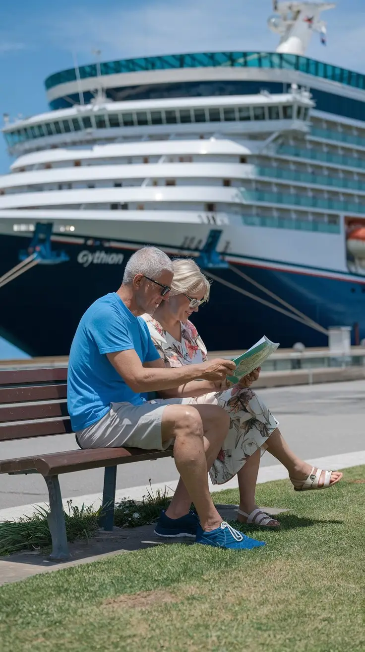 Older couple sitting down, reading a map, casually dressed in shorts on a sunny day with a cruise ship in the background at Gythion Cruise Ship Port