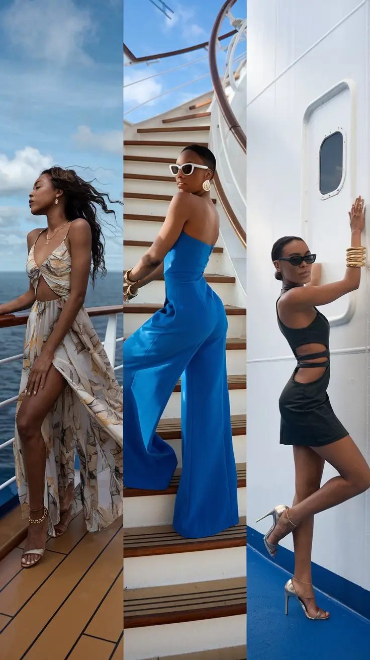 A photo of three Black women each wearing one of these cruise outfits on the deck of a cruise ship. The first woman is wearing a flowing maxi dress with a dramatic thigh slit. She is posing with one leg through the slit, leaning on the railing while looking out to sea. She has dainty anklets and wavy hair catching the breeze. The second woman is wearing a strapless jumpsuit in bright cobalt blue with wide legs. She is standing on the spiral stairs, one hand on the rail, looking back over her shoulder. She is wearing oversized sunnies and gold bangles stacked up. The third woman is wearing a mini dress with cut-out details against the ship's white walls. She is posing in a side profile with one hand on the wall, other hand in her hair, one leg slightly bent. She is wearing strappy heels and delicate body chains.