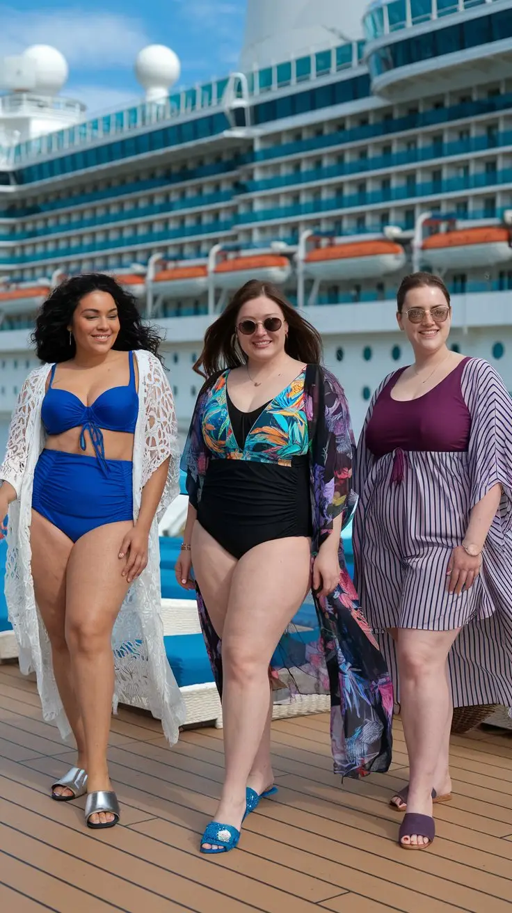 A photo of three plus-size women wearing different cruise outfits on the deck of a cruise ship. The first woman is wearing a royal blue high-waisted bikini with ruching and underwire support, paired with a white crochet kaftan and metallic slides. The second woman is wearing a black one-piece swimsuit with a colorful tropical print and tummy control, topped with a flowing chiffon kimono cover-up. The third woman is wearing a deep purple tankini with shirred sides and boy shorts, matched with a striped cotton beach dress cover-up.