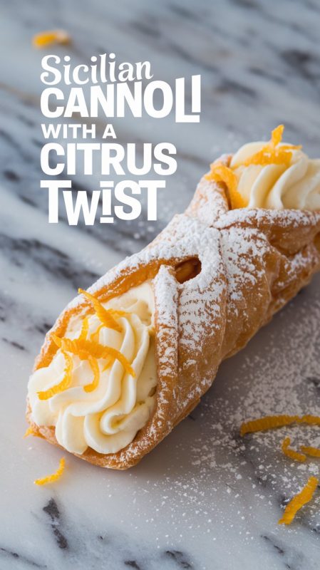 A photo of a Sicilian cannoli with a citrus twist. The cannoli is filled with a sweet, orange-infused ricotta cream and topped with orange zest. The cannoli shell is made of crispy pastry dough, and it is dusted with powdered sugar. The background is a marble surface. The text "Sicilian Cannoli with a Citrus Twist" is overlaid in bold, white font.