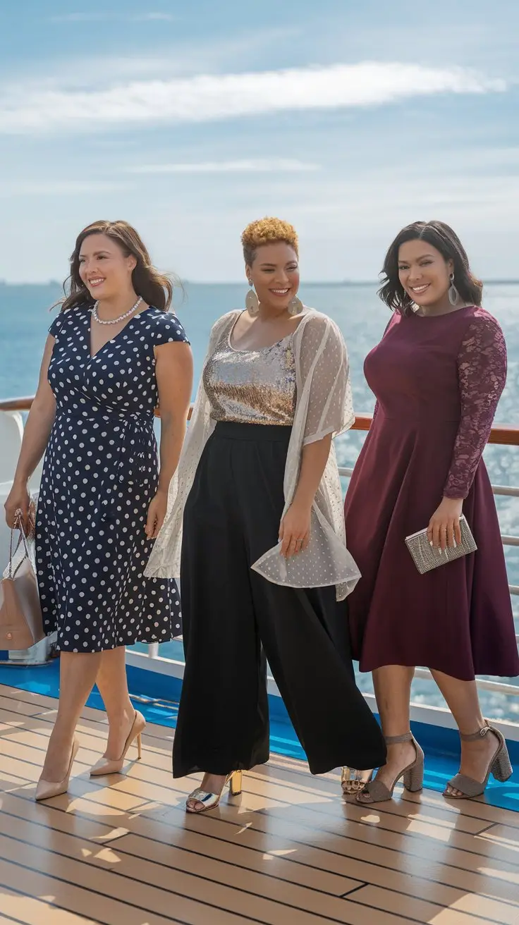 A photo of three plus-size women wearing different cruise outfits on the deck of a cruise ship. The first woman is wearing a navy and white polka dot jersey wrap dress with cap sleeves, nude comfort heels, and a pearl necklace. The second woman is wearing black palazzo pants with a sequined tank top, a sheer overlay blouse, metallic sandals, and statement earrings. The third woman is wearing a knee-length A-line dress in burgundy with lace sleeves, comfortable block heels, and a sparkly clutch. The background reveals a serene sea and a clear sky.