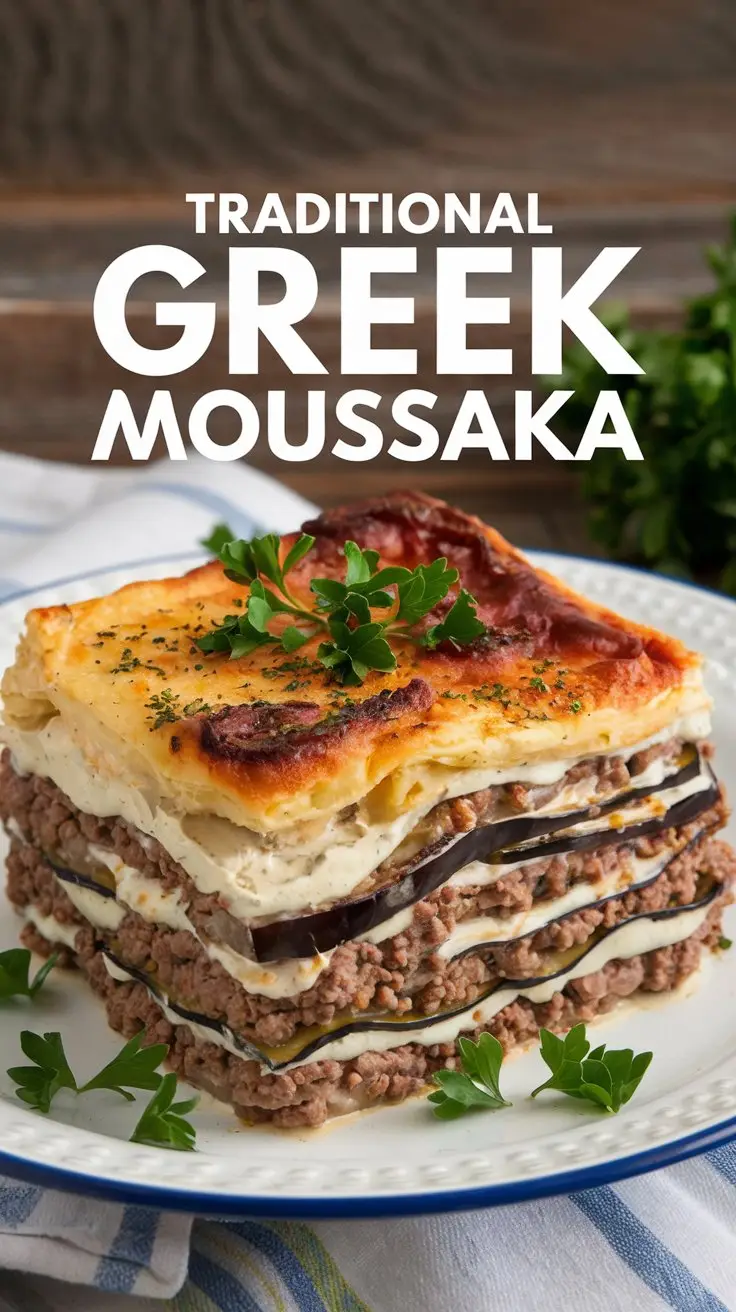 A photo of a traditional Greek moussaka dish. The moussaka is made of layers of ground meat, eggplant, and a creamy béchamel sauce. The dish is served on a white plate and is garnished with fresh parsley. The background is a wooden surface. There is a large, bold white text in the middle that says "Traditional Greek Moussaka".