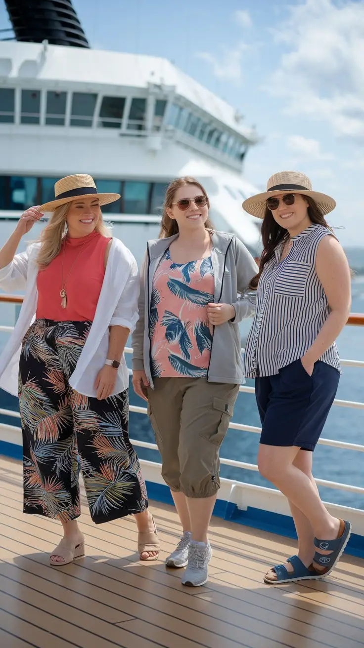 A photo of three plus-size women wearing cruise outfits on the deck of a cruise ship. The first woman is wearing palm print wide-leg cropped pants, a coral sleeveless top, a white linen shirt, comfortable walking sandals, and a straw hat. The second woman is wearing moisture-wicking cargo capris in khaki, a tropical print tank top, a light zip-up jacket, and cushioned sneakers. The third woman is wearing bamboo fabric shorts in navy, a striped sleeveless button-up, a packable sun hat, and sporty sandals.