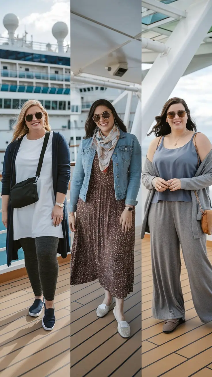 3 different Plus Size women each wearing one of these plus size cruise outfits on the deck of a cruise ship: Premium leggings in charcoal with a long white tunic and navy cardigan. Add slip-on sneakers and a crossbody bag. Maxi dress in jersey knit with a denim jacket and pashmina scarf. Complete with comfortable flats. Wide-leg pants in soft knit with a layered tank top and button-front sweater. Style with loafers.