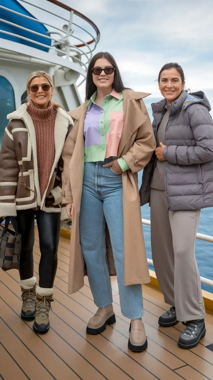 A photo of three different sized women wearing cruise outfits on the deck of a cruise ship. The first woman is wearing a chunky knit sweater, black leggings, a shearling-lined aviator jacket, hiking-inspired boots, and a structured bag. The second woman is wearing a bold, pastel button-up shirt, a cropped cardigan, high-waisted denim jeans, a modern trench coat with oversized lapels, and platform loafers. The third woman is wearing wide-leg yoga pants, a snug knit sweater underneath a puffer jacket, and hiking boots.