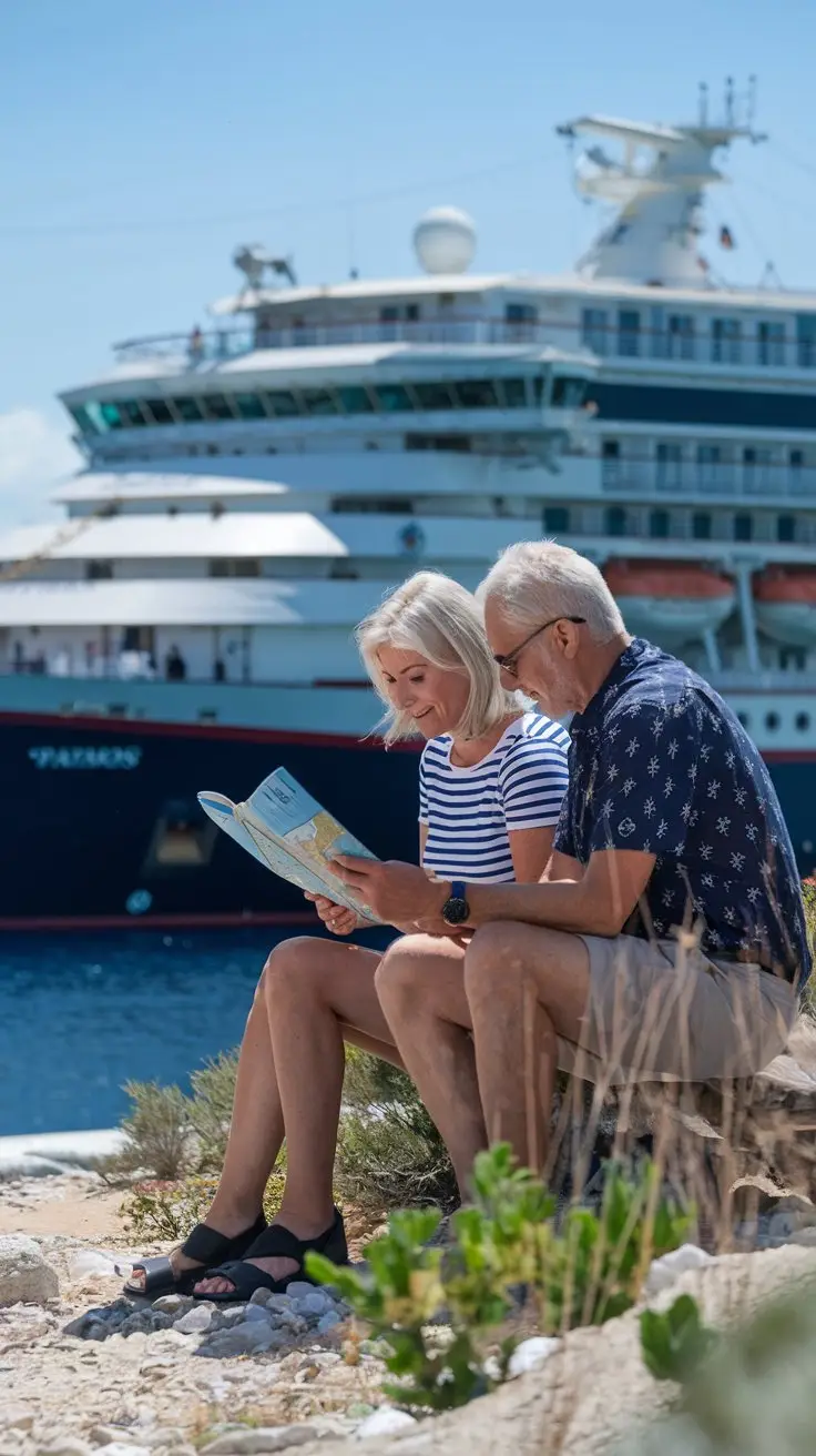 older couple sitting down, reading a map, casually dressed in shorts on a sunny day with a cruise ship in the background at Patmos Cruise Ship Port